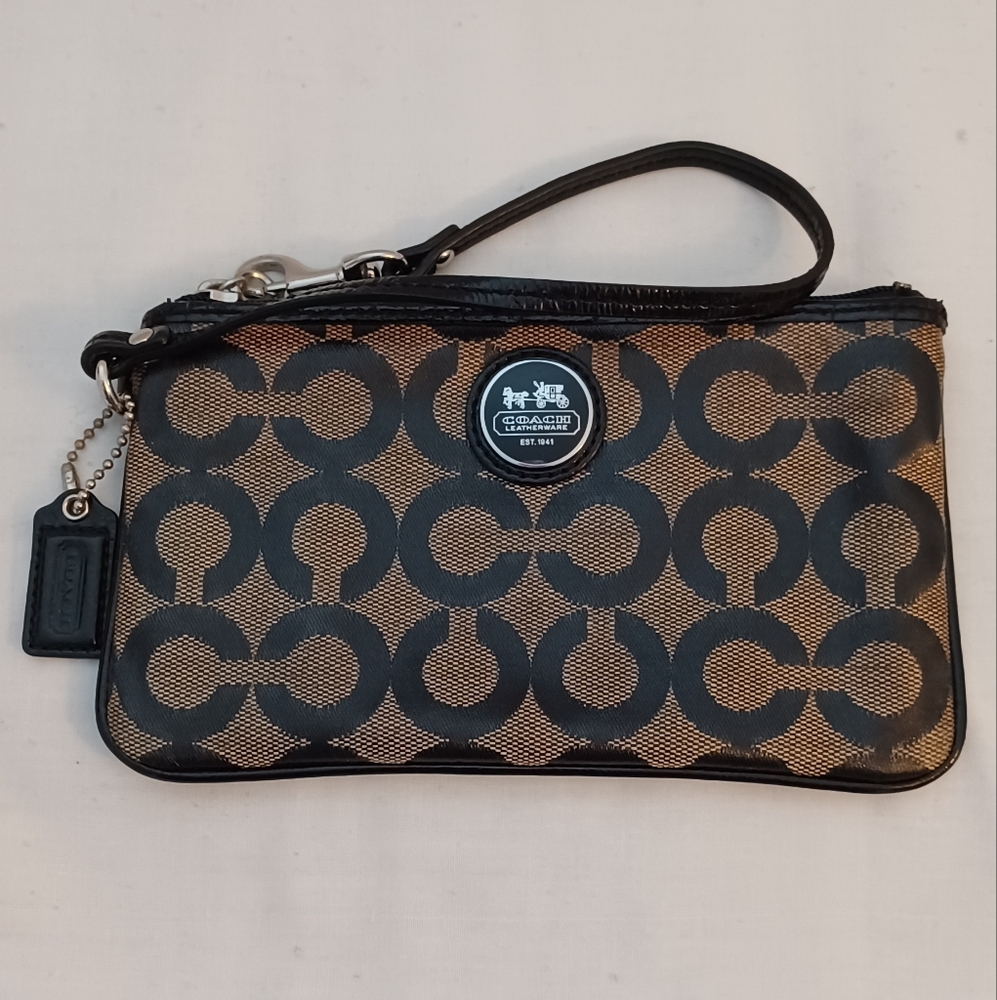 Coach Signature Black & Tan Wristlet Mini Bag